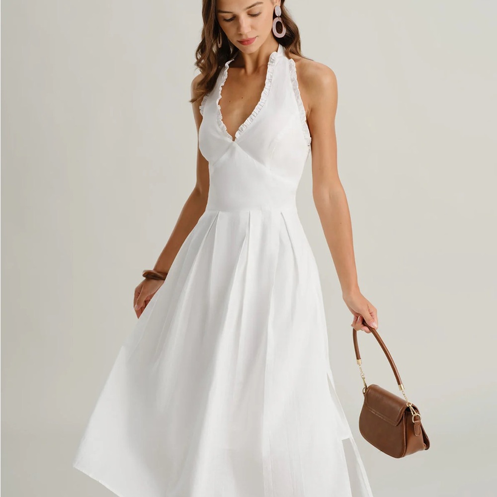 White V Neck Halter Sleeveless Midi Dress